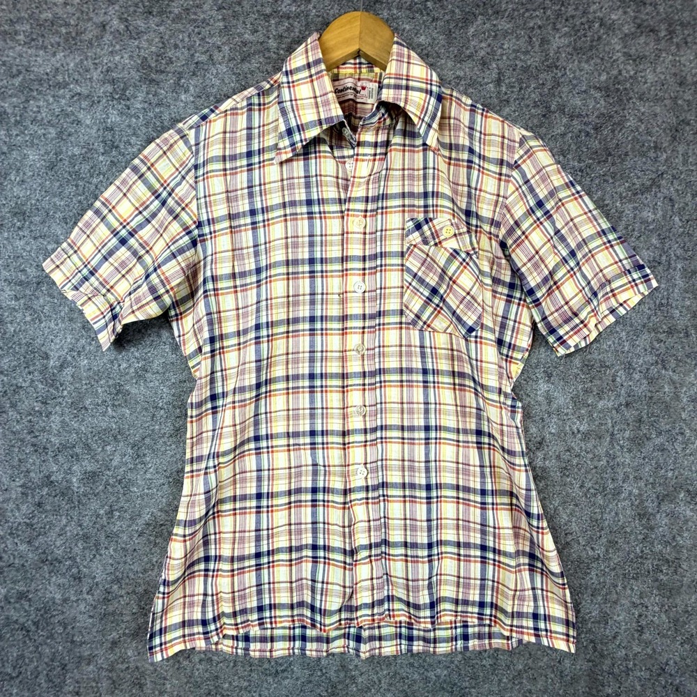 Vintage 70s Continental Shirt Men Multicolor Plaid Cotton Short Sleeve Button Up